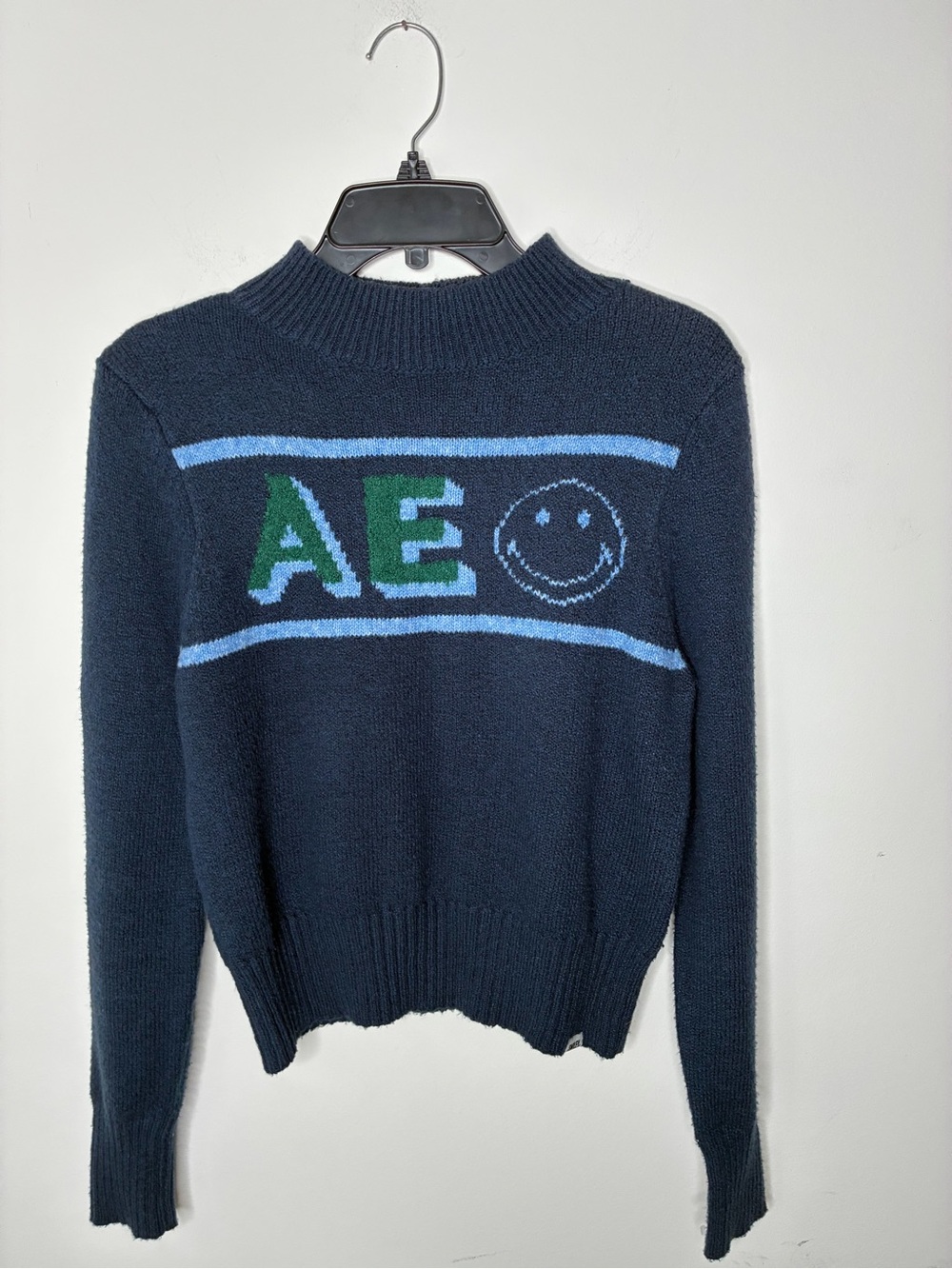 American Eagle Outfitters Navy Sweater with Light Blue Trim and Green AE Logo